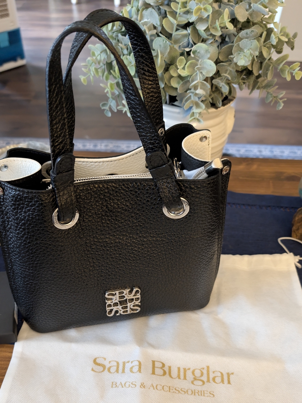 Black Leather Tote with Contrasting White Trim